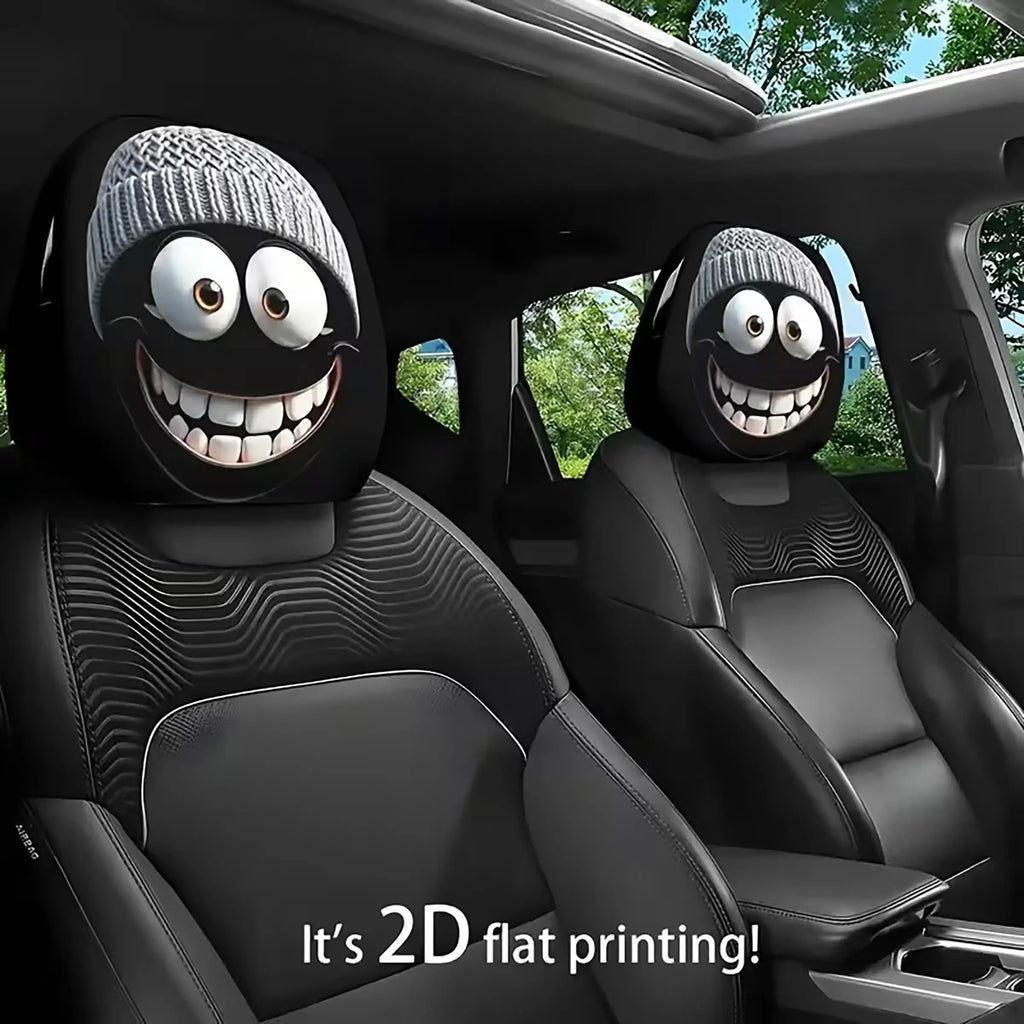 2 PCS Car Headrest Cover Grey Hat Cartoonish and Funny Smiling Face Printing