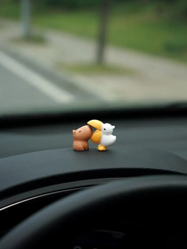 Cute Cartoon Capybara With Duck Mini Car Dashboard Ornament No Eating Colleagues Premium Automotive Accessory