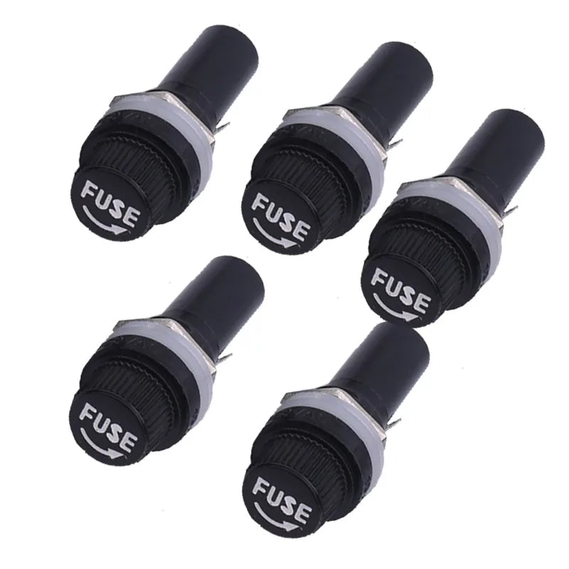Five black fuse holders with 'FUSE' label on a white background