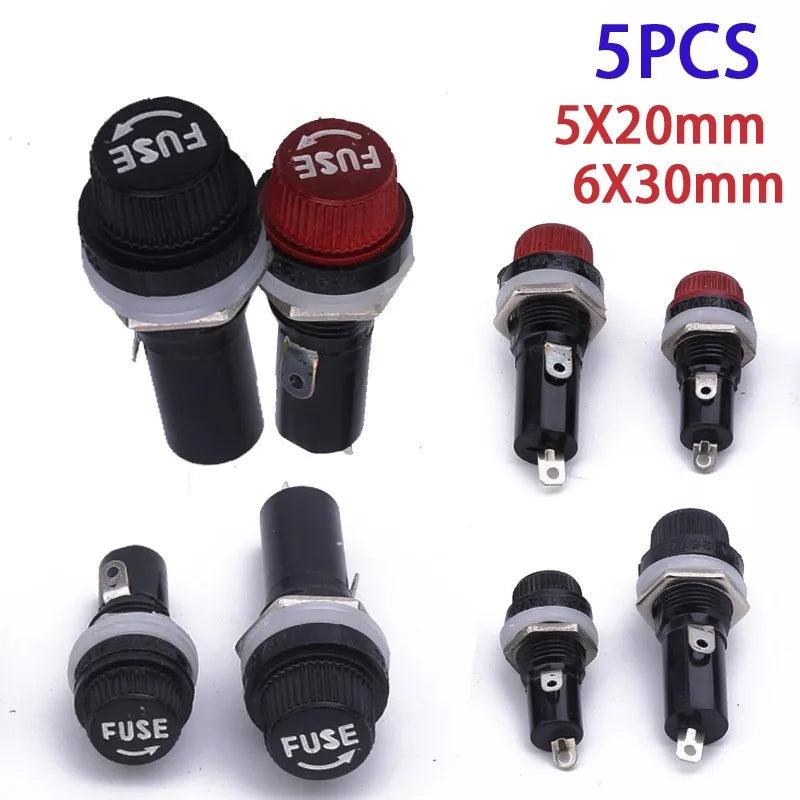 Set of fuse holders with sizes 5x20mm and 6x30mm on a white background.