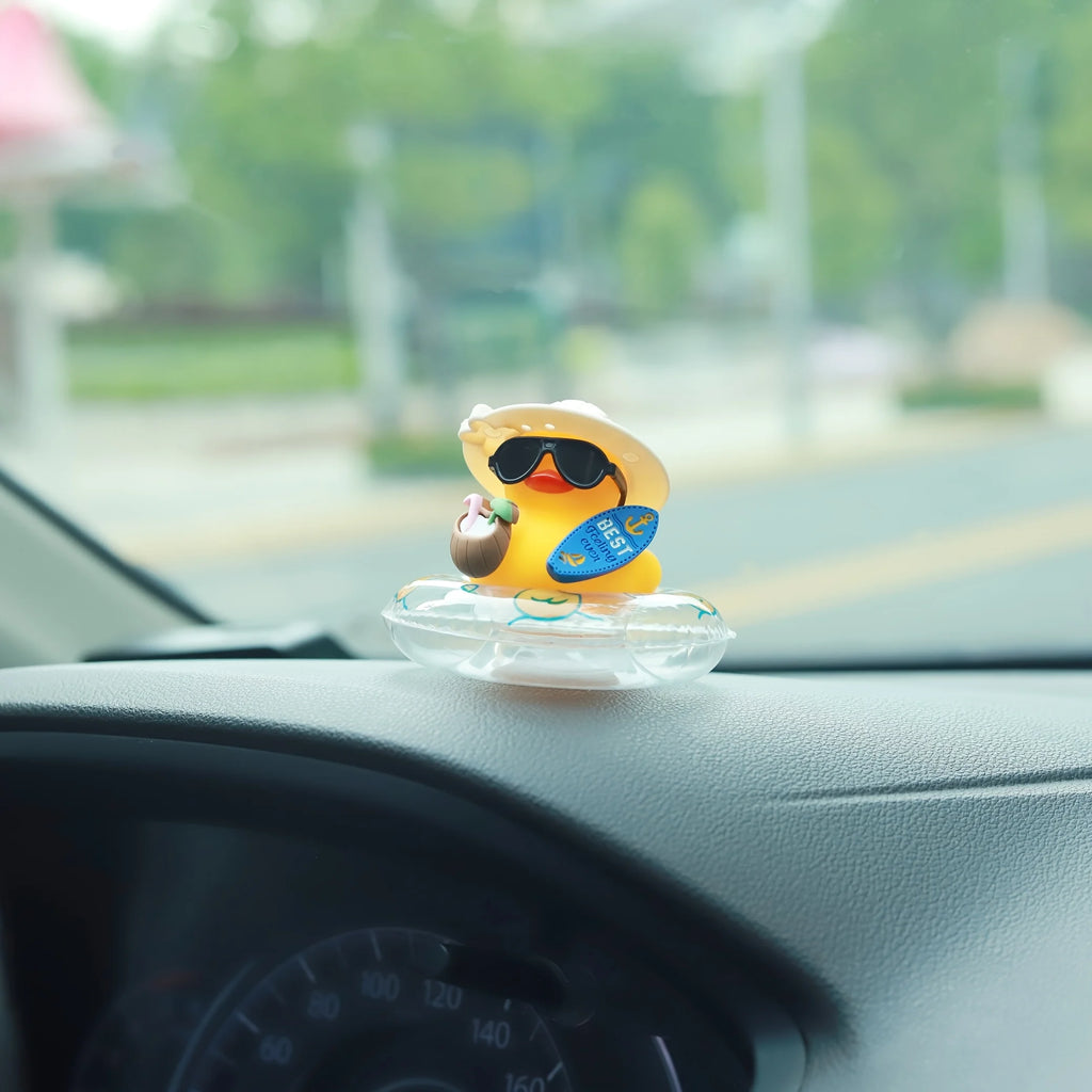 Cool Summer Duck Car Dashboard Decor, Rubber with Swim Ring & Sunglasses, Cute Premium Automotive Accessory