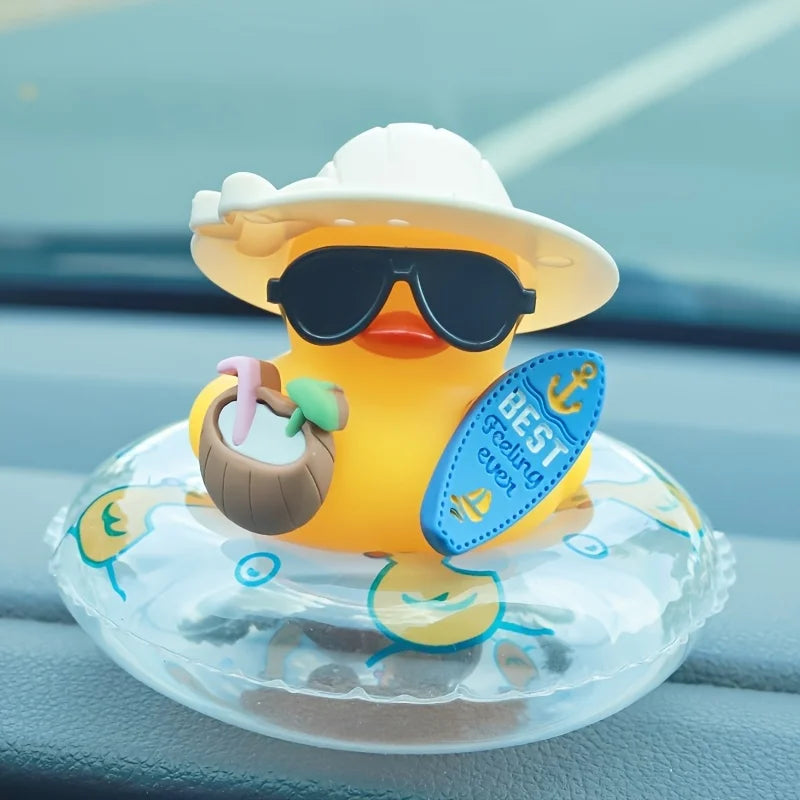 Cool Summer Duck Car Dashboard Decor, Rubber with Swim Ring & Sunglasses, Cute Premium Automotive Accessory