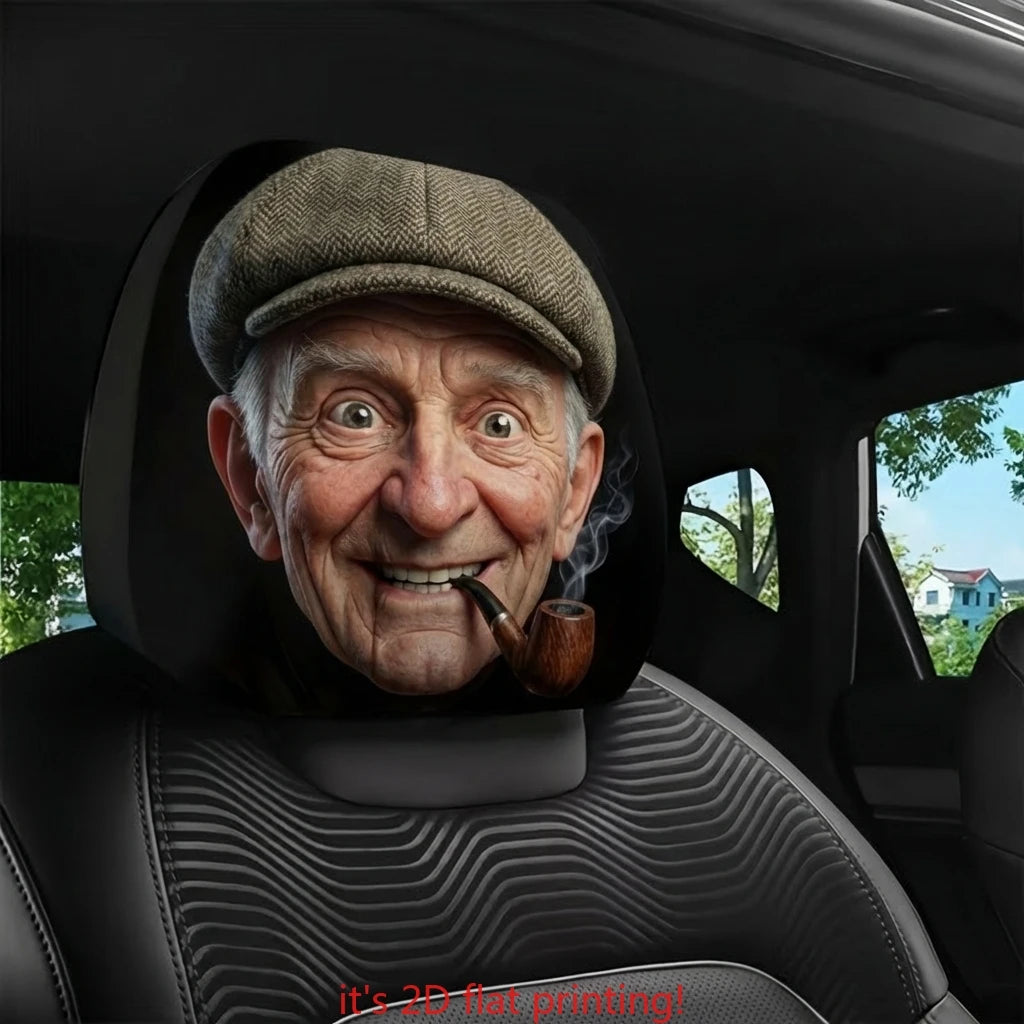 Set of 2 Headrest Covers Featuring a Humorous Old Man Design with Hat Interior