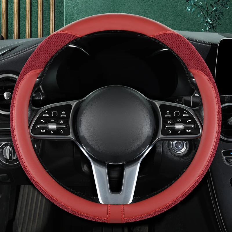 Car Steering Wheel Cover Premium Leather Stitched with Breathable Mesh Fabric