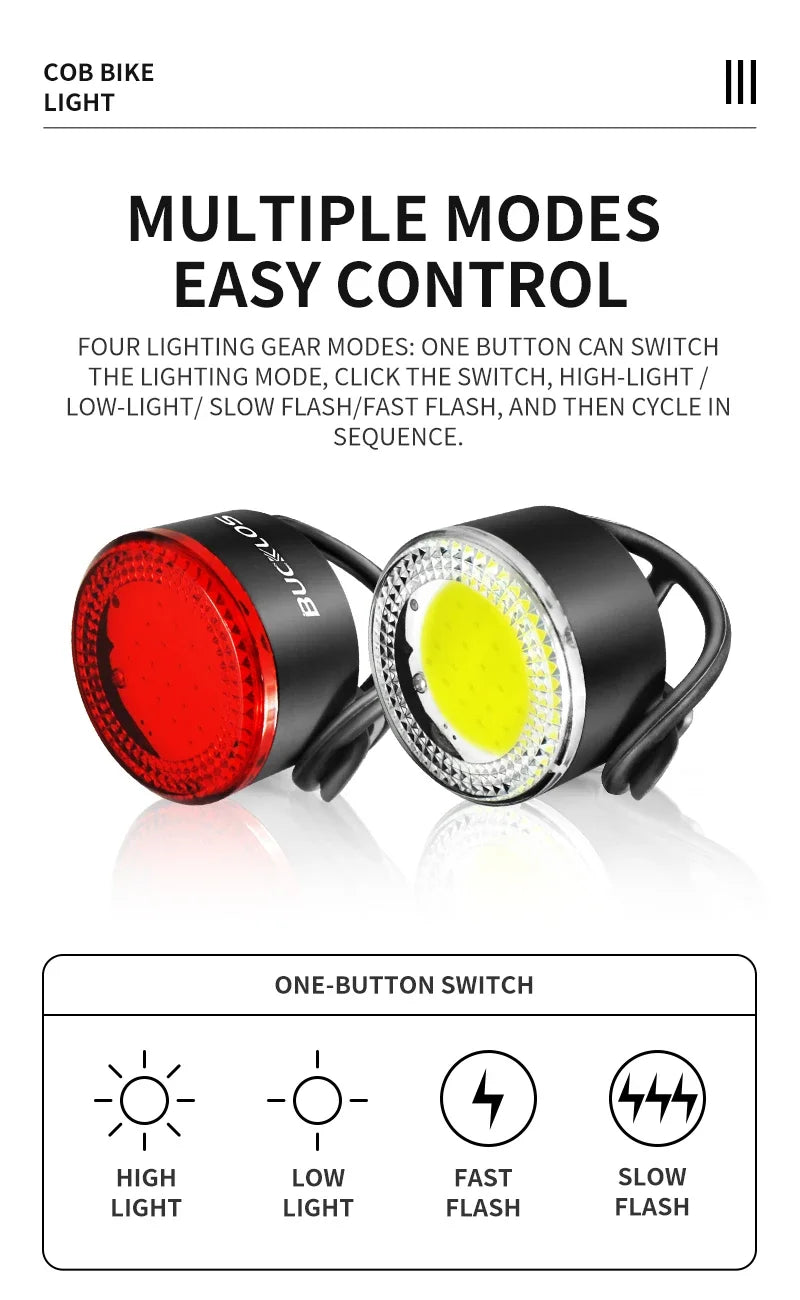 BUCKLOS Cycling Lights COB Bicycle Headlight Taillight LED Bike Front Rear Light Ultralight Riding Warning Lamp Road MTB Lantern