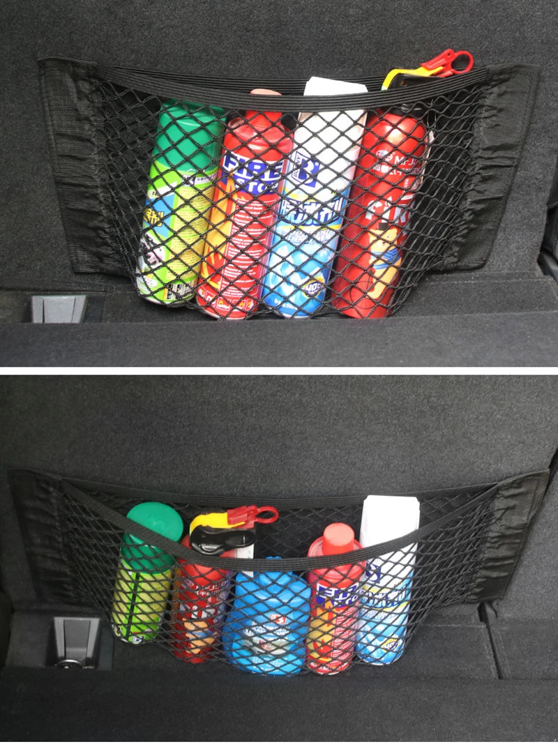 Car Seat Back Organizer Trunk Net Mesh Pocket Elastic String Magic Sticker