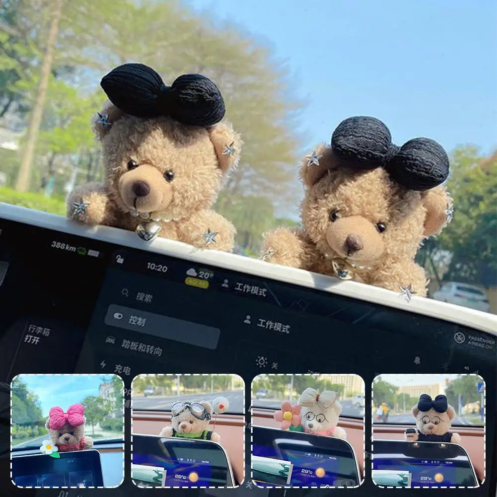 Car Decoration Interior Bear Screen Ornaments Plush Cartoon Cute Center Console Premium Automotive Accessory