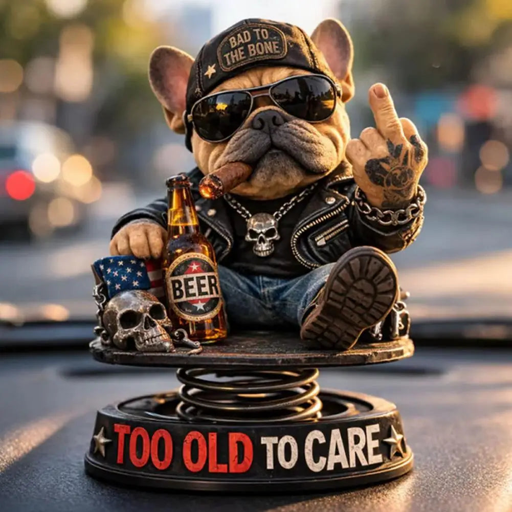 Biker Bulldog Dashboard Ornament Spring Shaking Design 105cm Tall Cold Cast Premium Automotive Accessory