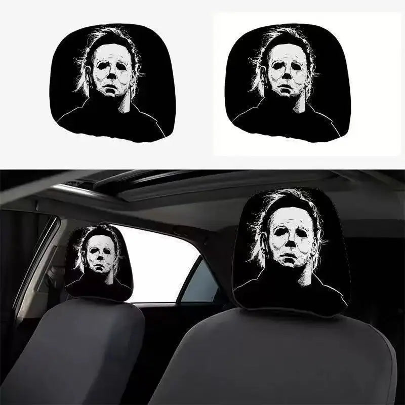 2pcs Horror-Themed Car Headrest Covers Black White Face Design Unfilled Interior