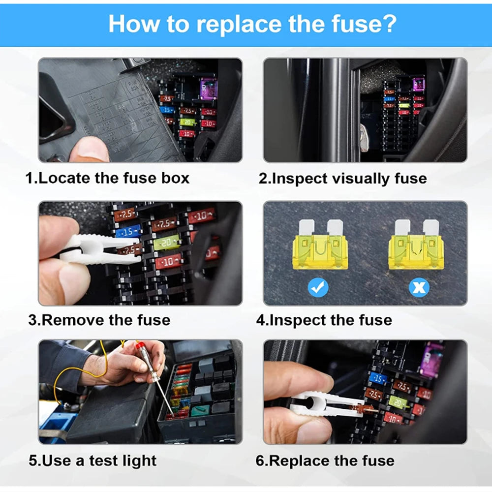 Assorted colored plug in fuses in a clear plastic case with visible fuse ratings. RH100 Multicolored 2a 3a 5a 7.5a 10a 15a 20a 25a 30a 35 amp