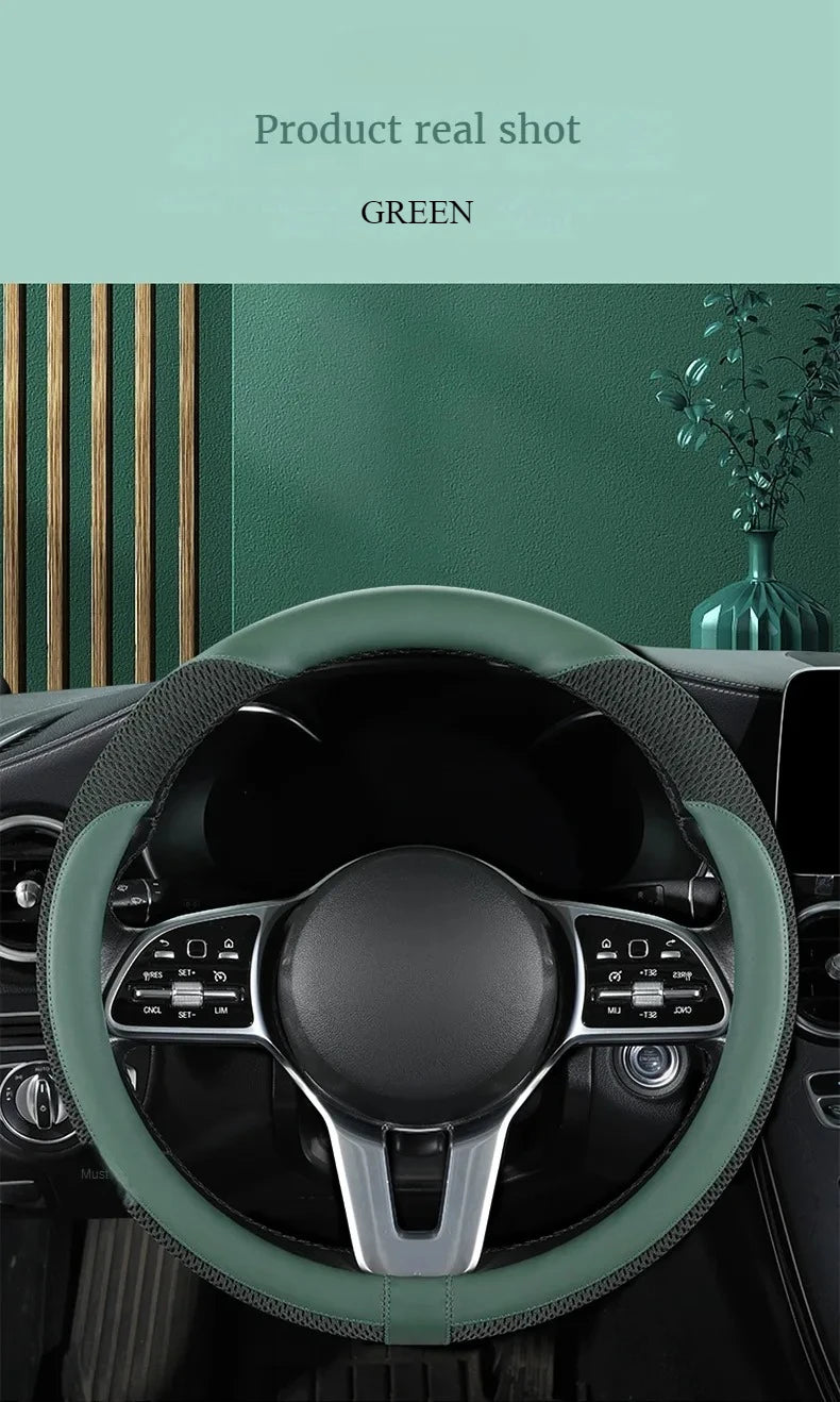 Car Steering Wheel Cover Premium Leather Stitched with Breathable Mesh Fabric