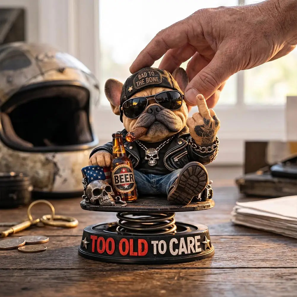 Biker Bulldog Dashboard Ornament Spring Shaking Design 105cm Tall Cold Cast Premium Automotive Accessory