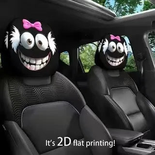 2pcs Horror-Themed Car Headrest Covers Black White Face Design Unfilled Interior