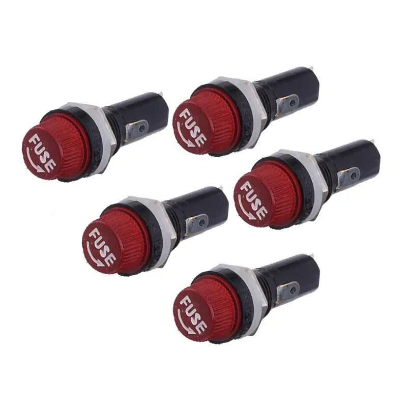 Five fuse indicators with red and black design on a white background