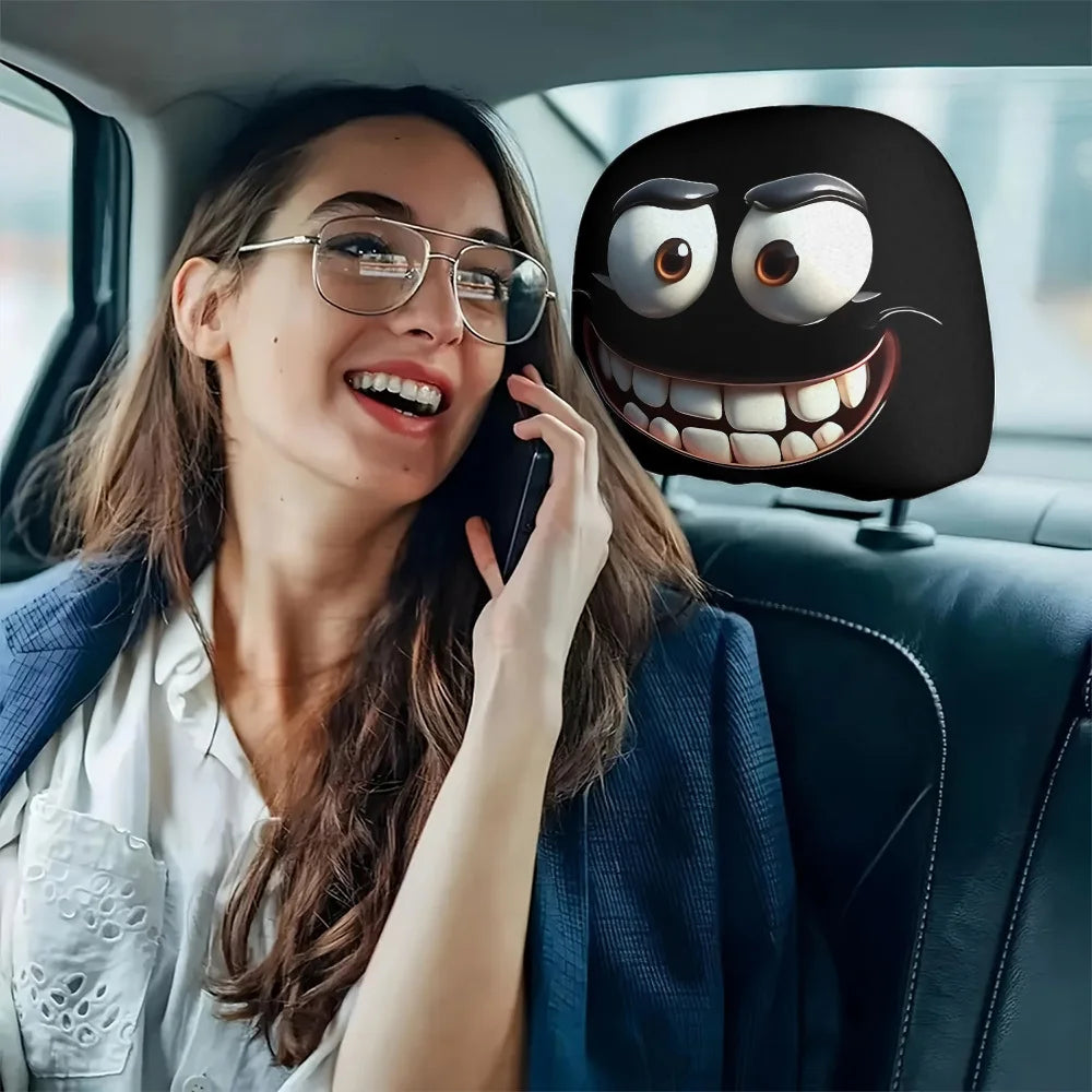 2 pcs Funny Big-Eyed Cartoon Print Car Headrest Cover Interior Auto Protector