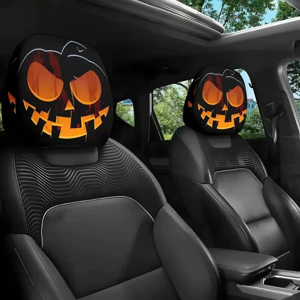 2pcs Horror-Themed Car Headrest Covers Black White Face Design Unfilled Interior