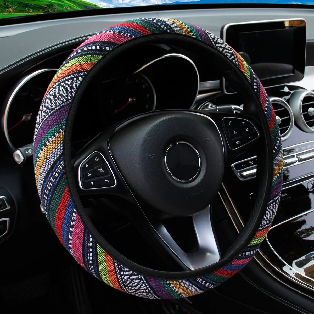 Steering Wheel Cover Breathable Cotton-Like Fabric Rimless Car Decoration