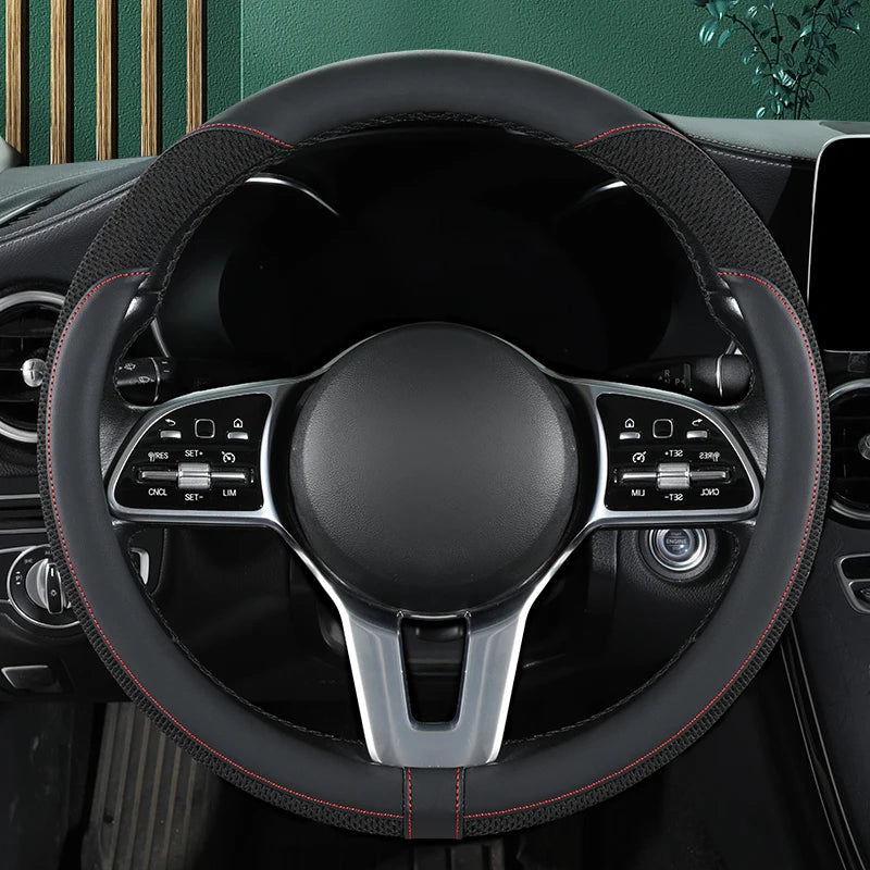 Car Steering Wheel Cover Premium Leather Stitched with Breathable Mesh Fabric