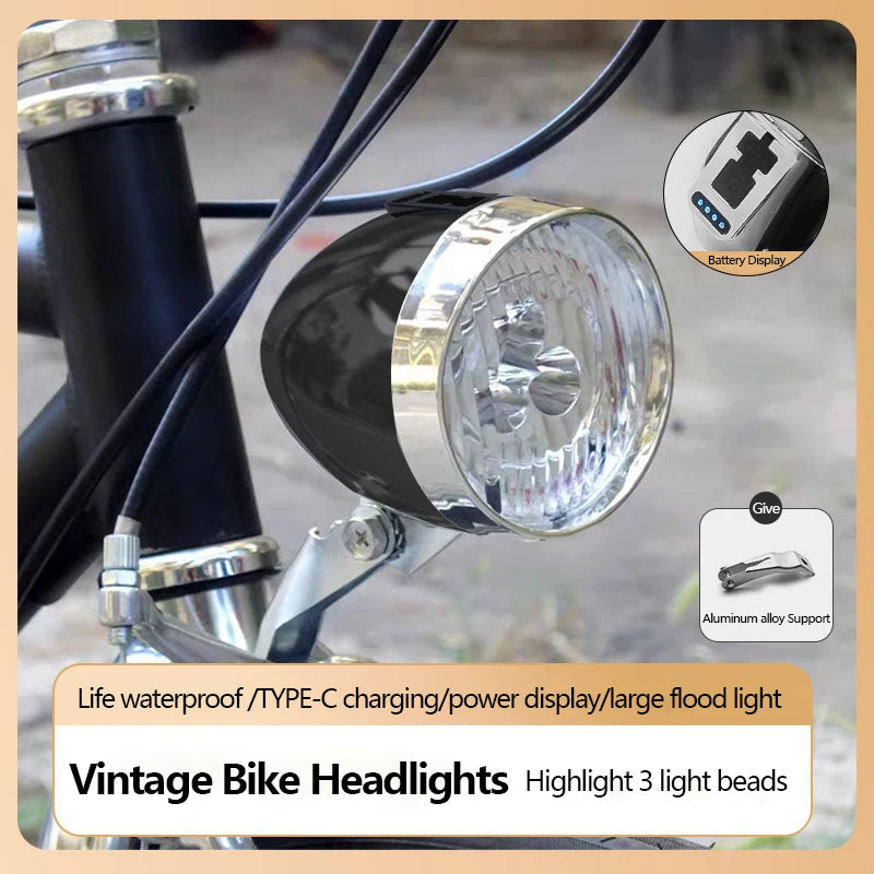 Retro Bike Headlight Type-C Rechargeable Classic Mountain Bicycle Front Light 3 LED MTB Road Bike Headlamp Cycling Accessories