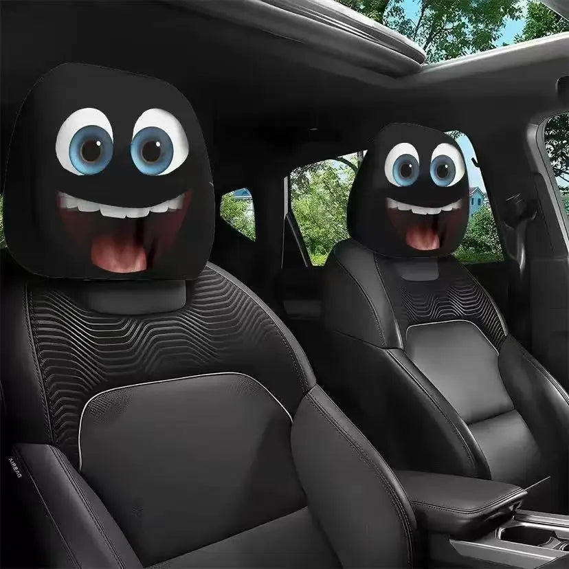 2pcs Horror-Themed Car Headrest Covers Black White Face Design Unfilled Interior