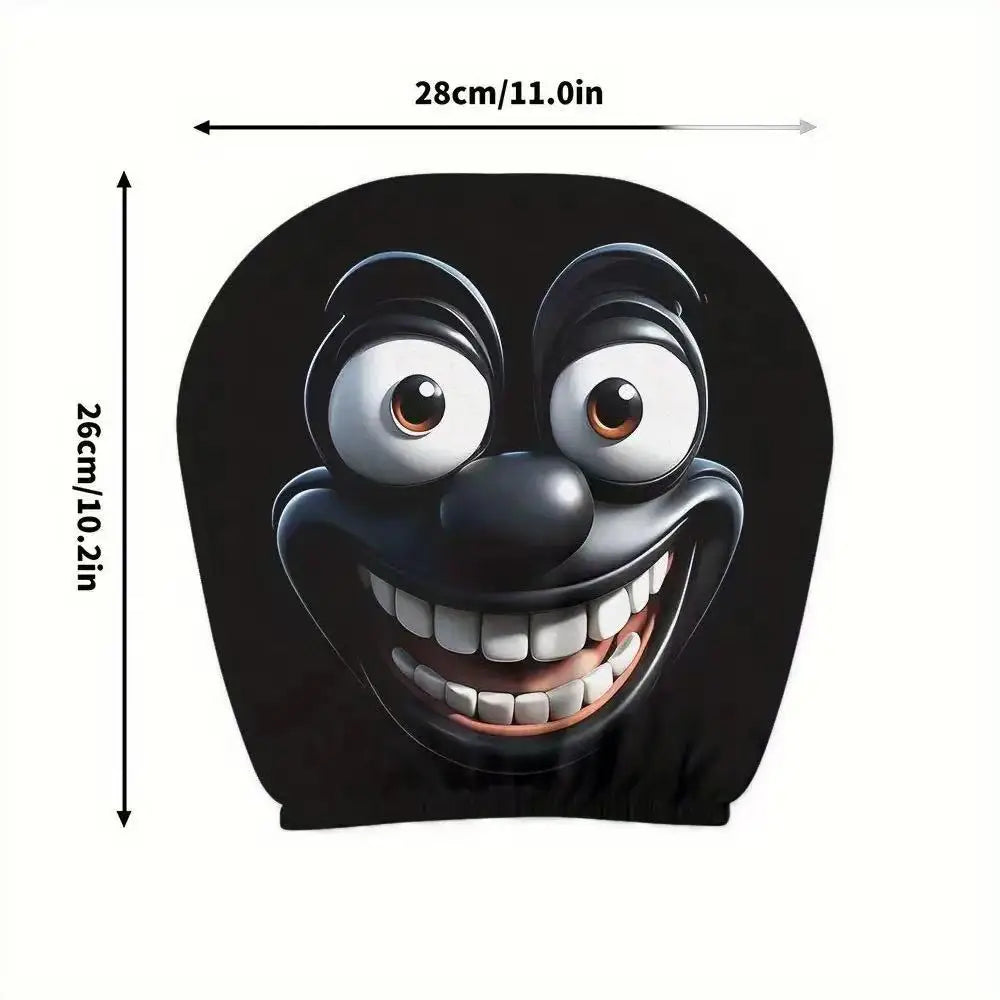 2pcs Horror-Themed Car Headrest Covers Black White Face Design Unfilled Interior