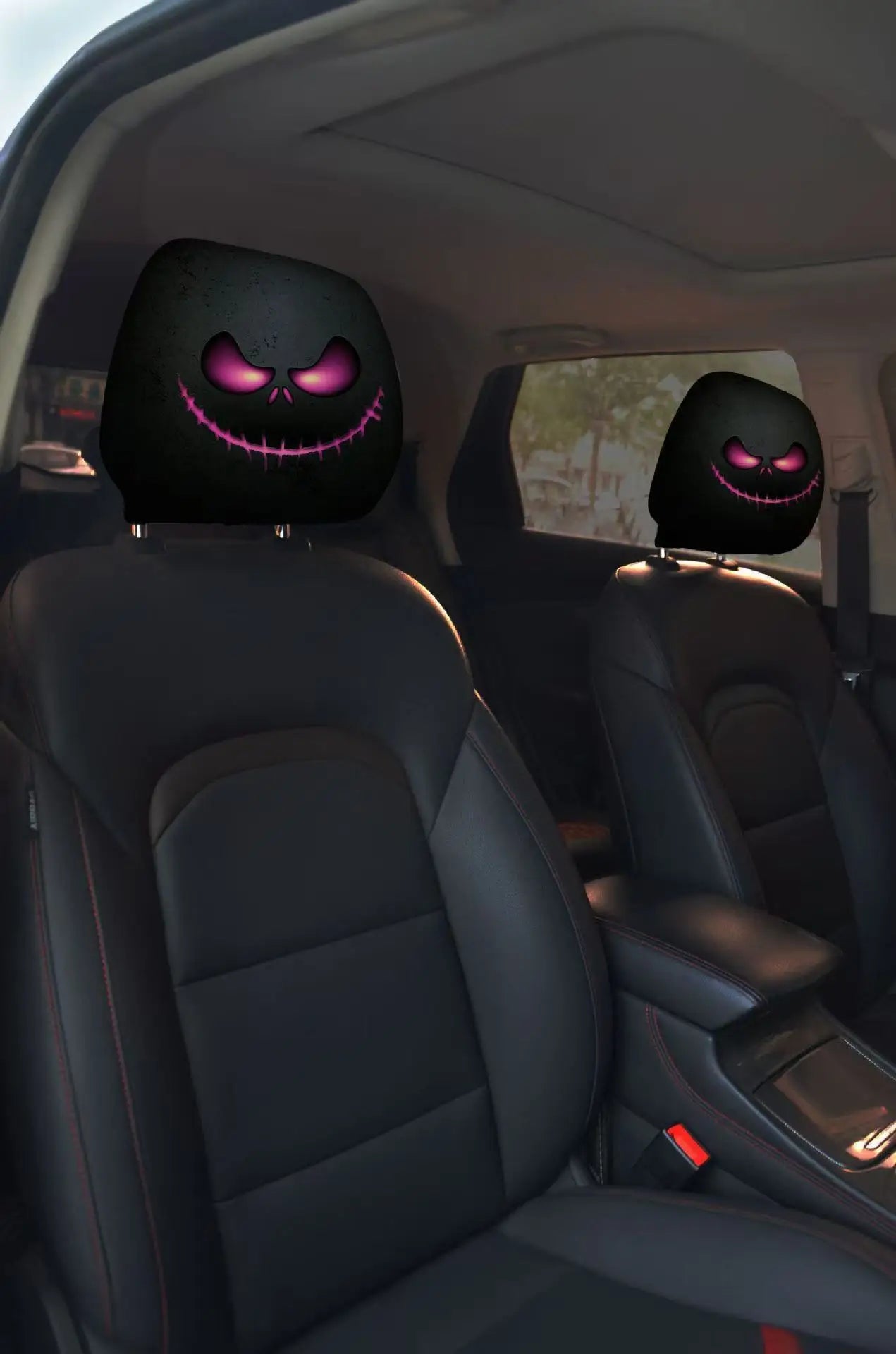 2pcs Horror-Themed Car Headrest Covers Black White Face Design Unfilled Interior