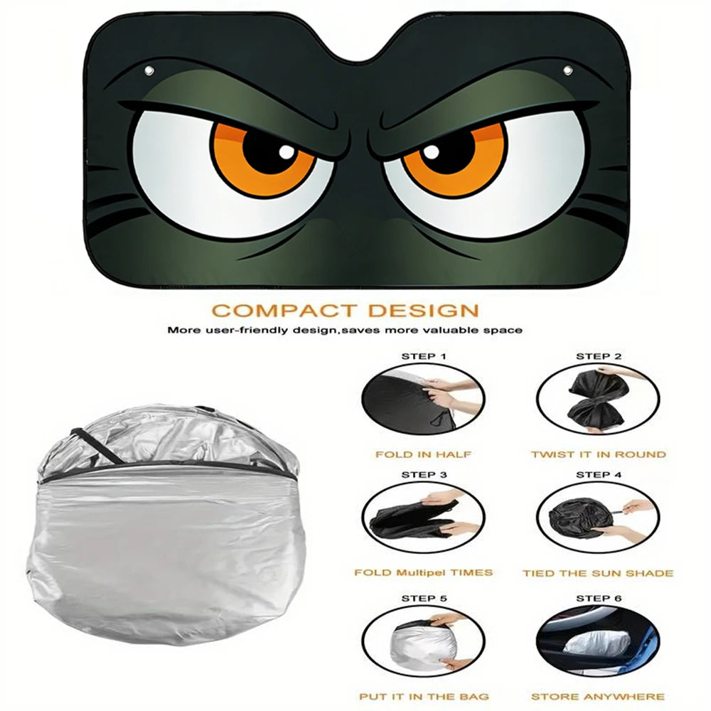Cartoon Angry Eyes Car Windshield Sun Shade 51.1 Inches Universal Car Sun Visor