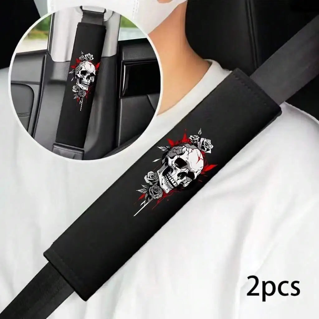 Lot of 2 Skull Pattern Car Shoulder Protection Belt Safety Protective Cover Stra