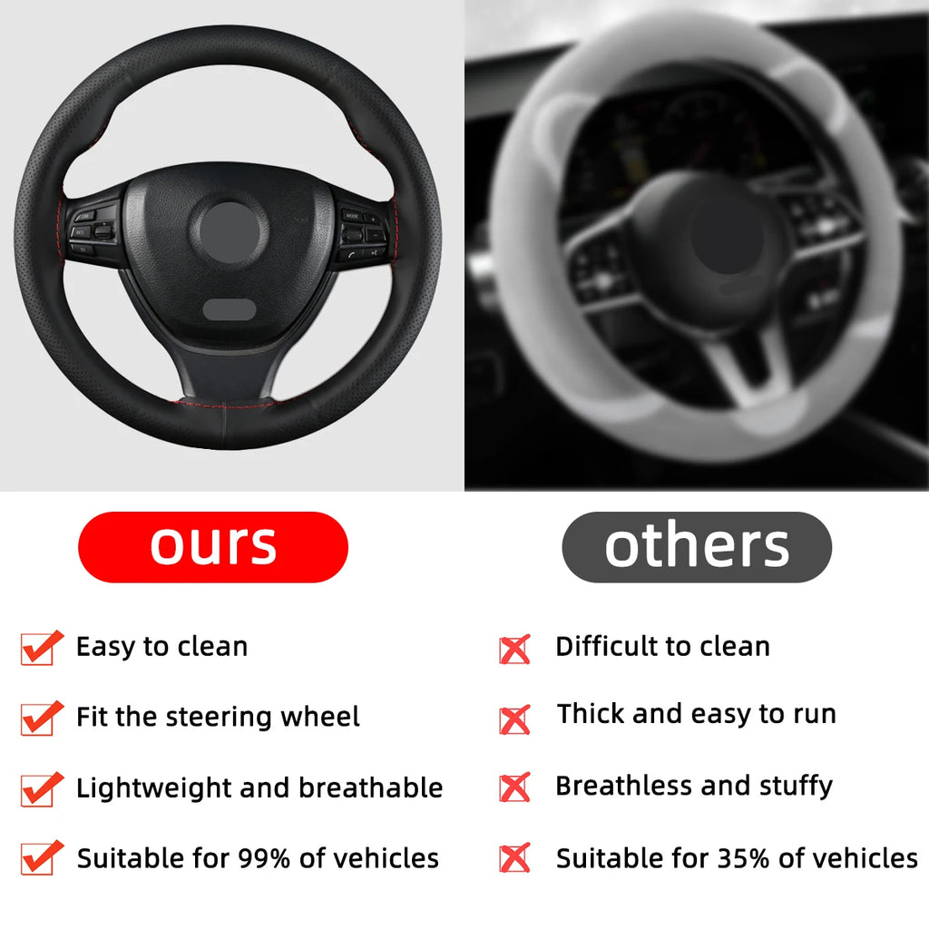 Universal Leather Car Steering Wheel Stitch On Wrap Cover Fit for 38cm 14" DIY