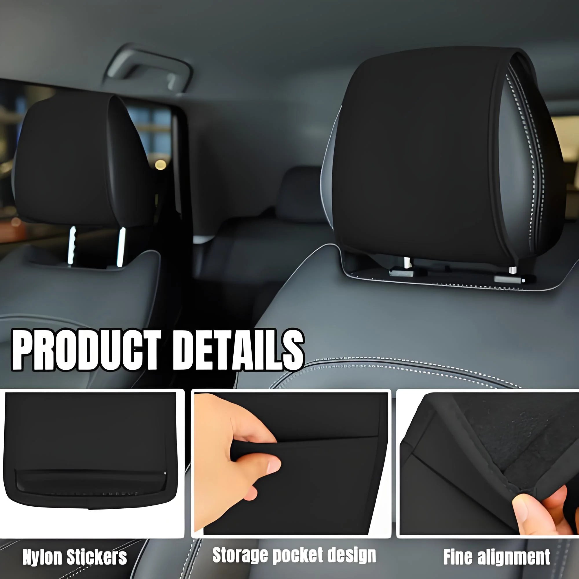 Car Headrest Covers for Seat with Pocket Leather Head Rest Cover Interior