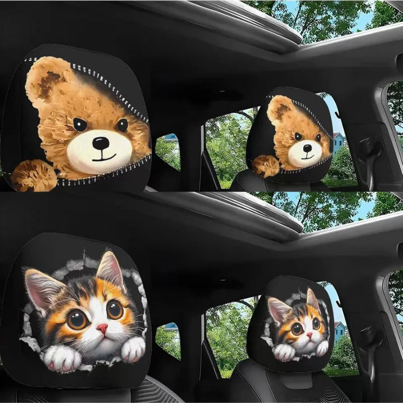 2PCS Bear Car Headrest Covers Universal Elastic Funny Printed Pillowcase