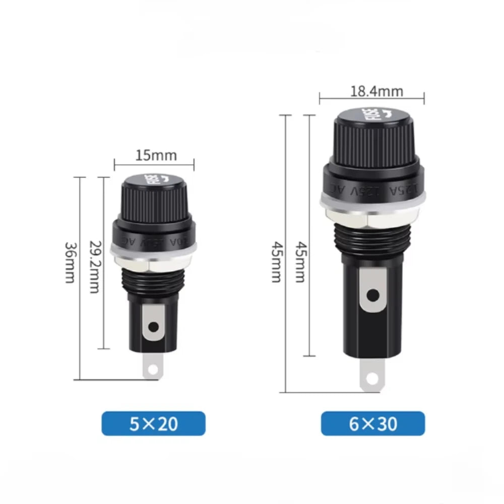 Two black fuse holders with measurements on a white background