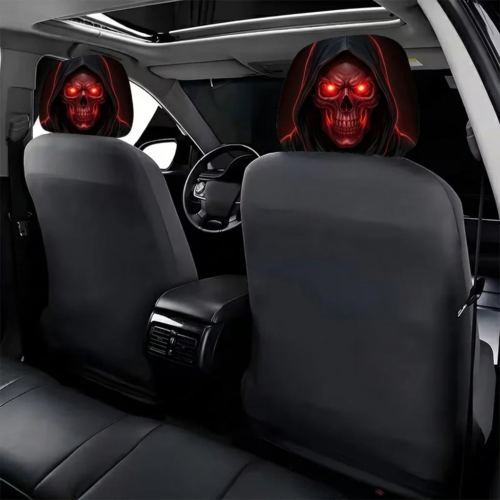 Red-Eyed Skull Print Headrest Cover Easy To Install Durable Universal Car