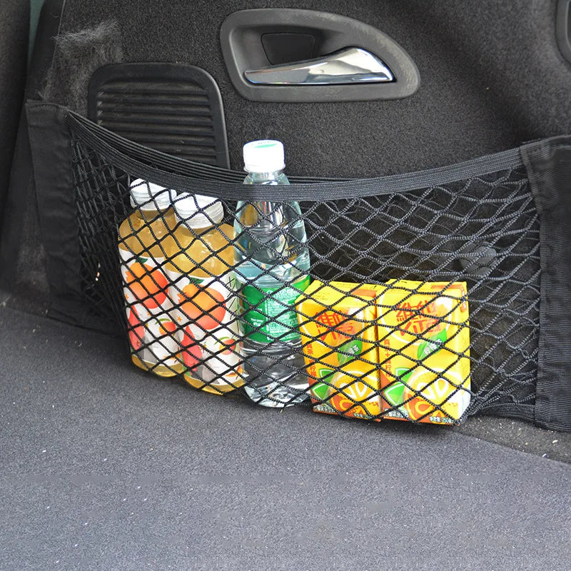 Car Seat Back Organizer Trunk Net Mesh Pocket Elastic String Magic Sticker