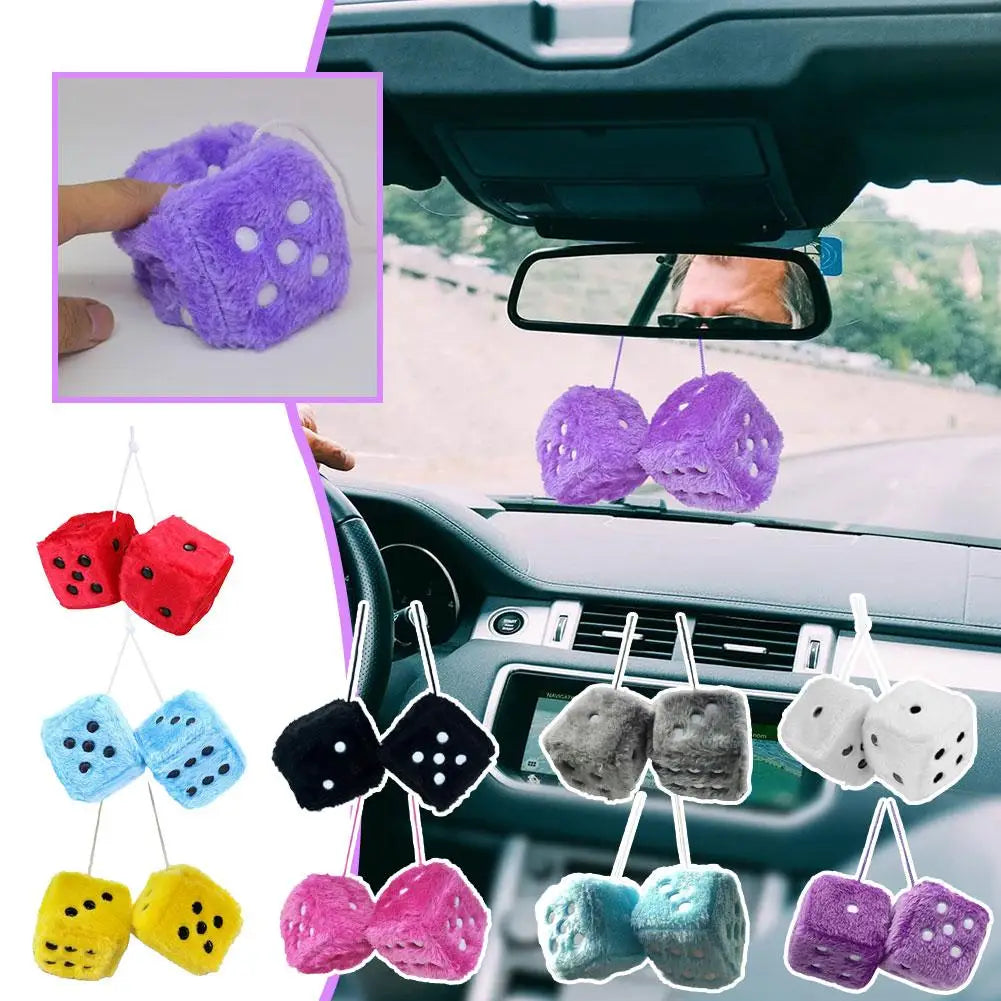 Big Long Hair Hot Stamping Dot Dice Plush Toy Cube Pendant Car Ornament Sieve Premium Automotive Accessory