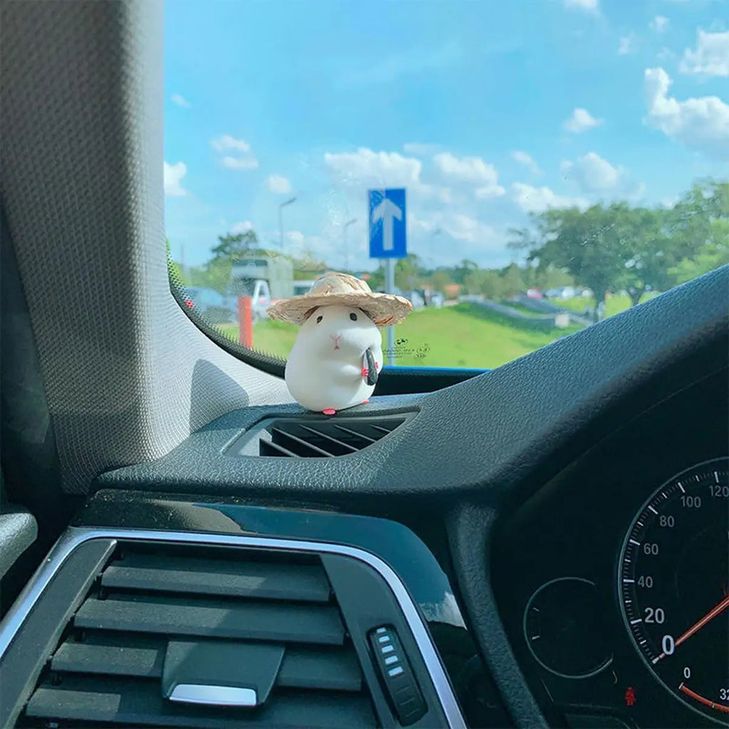 Cute Hamster with Straw Hat Car Ornament,Car Decoration Auto Interior Dashboard Premium Automotive Accessory