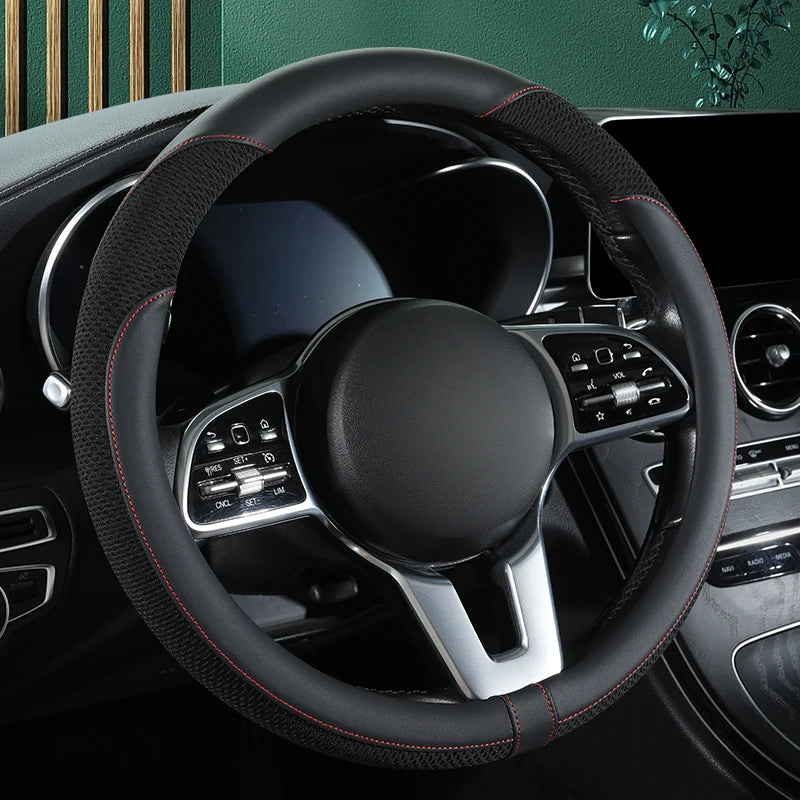 Car Steering Wheel Cover Premium Leather Stitched with Breathable Mesh Fabric
