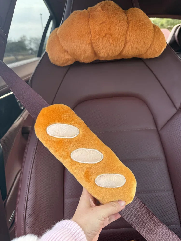 Cute Croissant Car Headrest Neck Pillow Plush Bread Seat Belt Cover Head