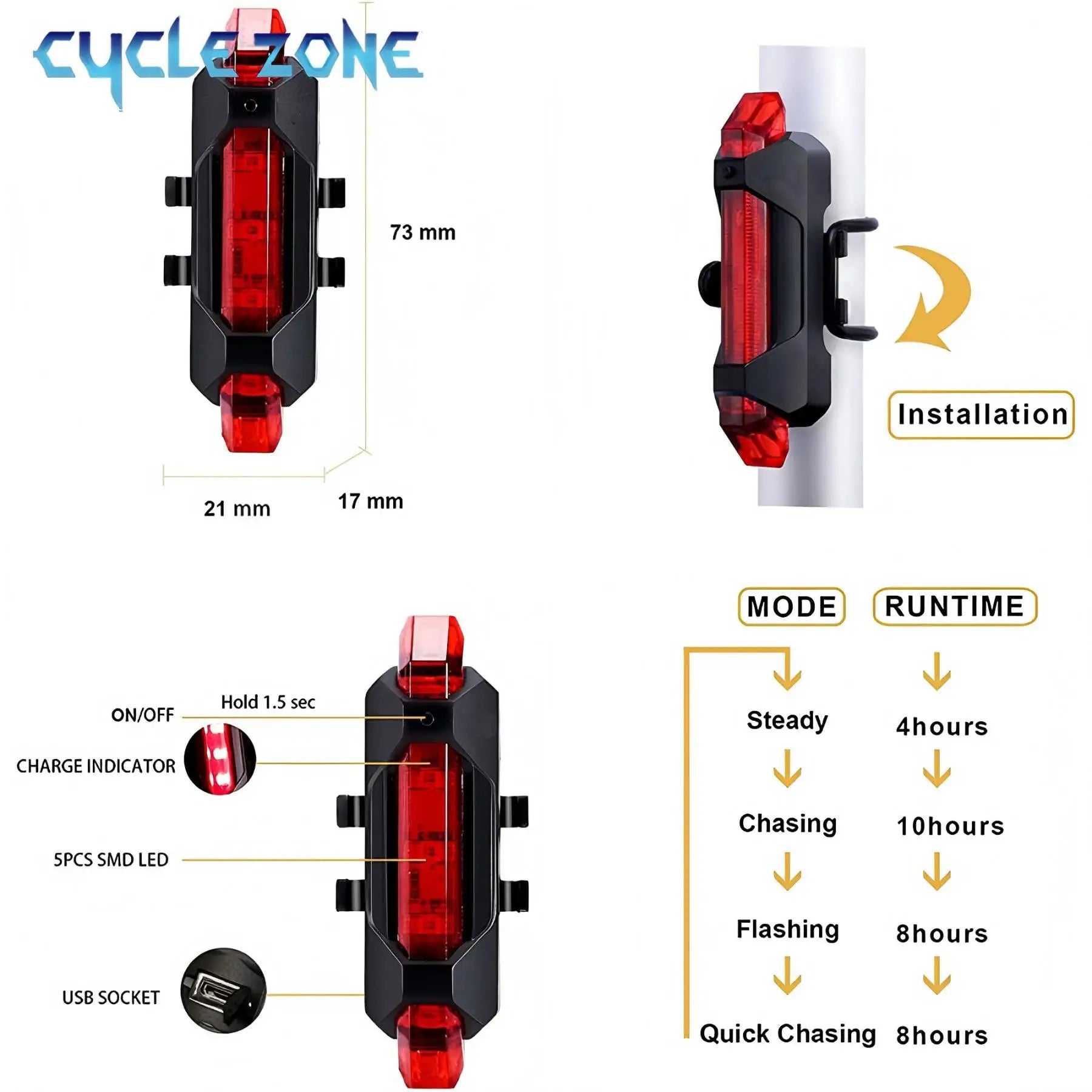 Bike Light Set Front Light with Taillight LED Rechargeable Bicycle Lights 3 Modes Headlight Easy to Install Night Cycling Lamp