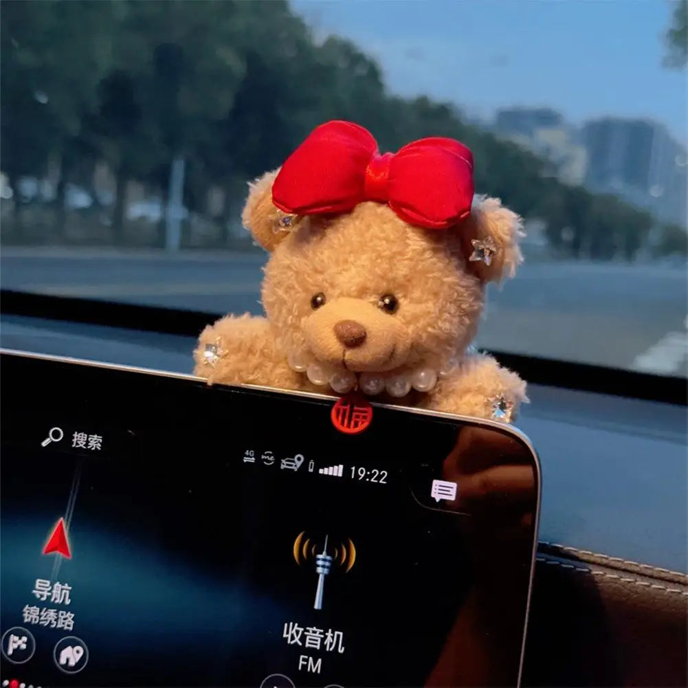 Car Decoration Interior Bear Screen Ornaments Plush Cartoon Cute Center Console Premium Automotive Accessory
