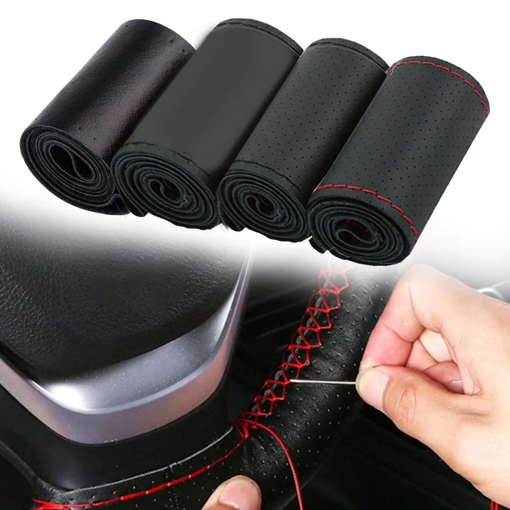 Universal Leather Car Steering Wheel Stitch On Wrap Cover Fit for 38cm 14" DIY