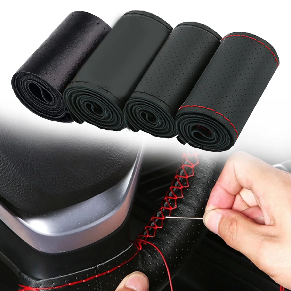Universal Leather Car Steering Wheel Stitch On Wrap Cover Fit for 38cm 14" DIY