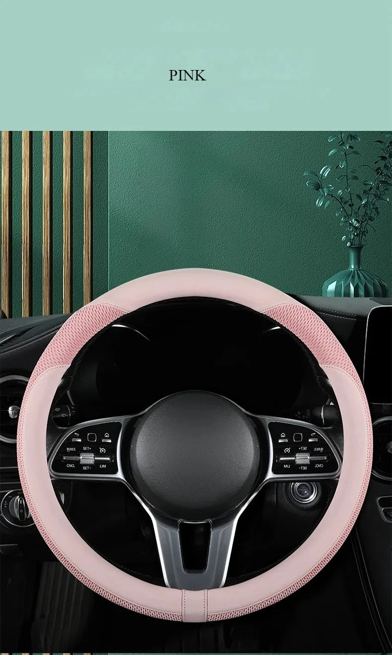 Car Steering Wheel Cover Premium Leather Stitched with Breathable Mesh Fabric