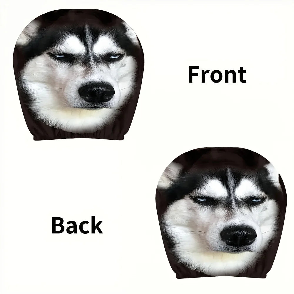 2 pcs Printed Car Headrest Covers Wolf Husky Dog Elastic Washable Interior Prote