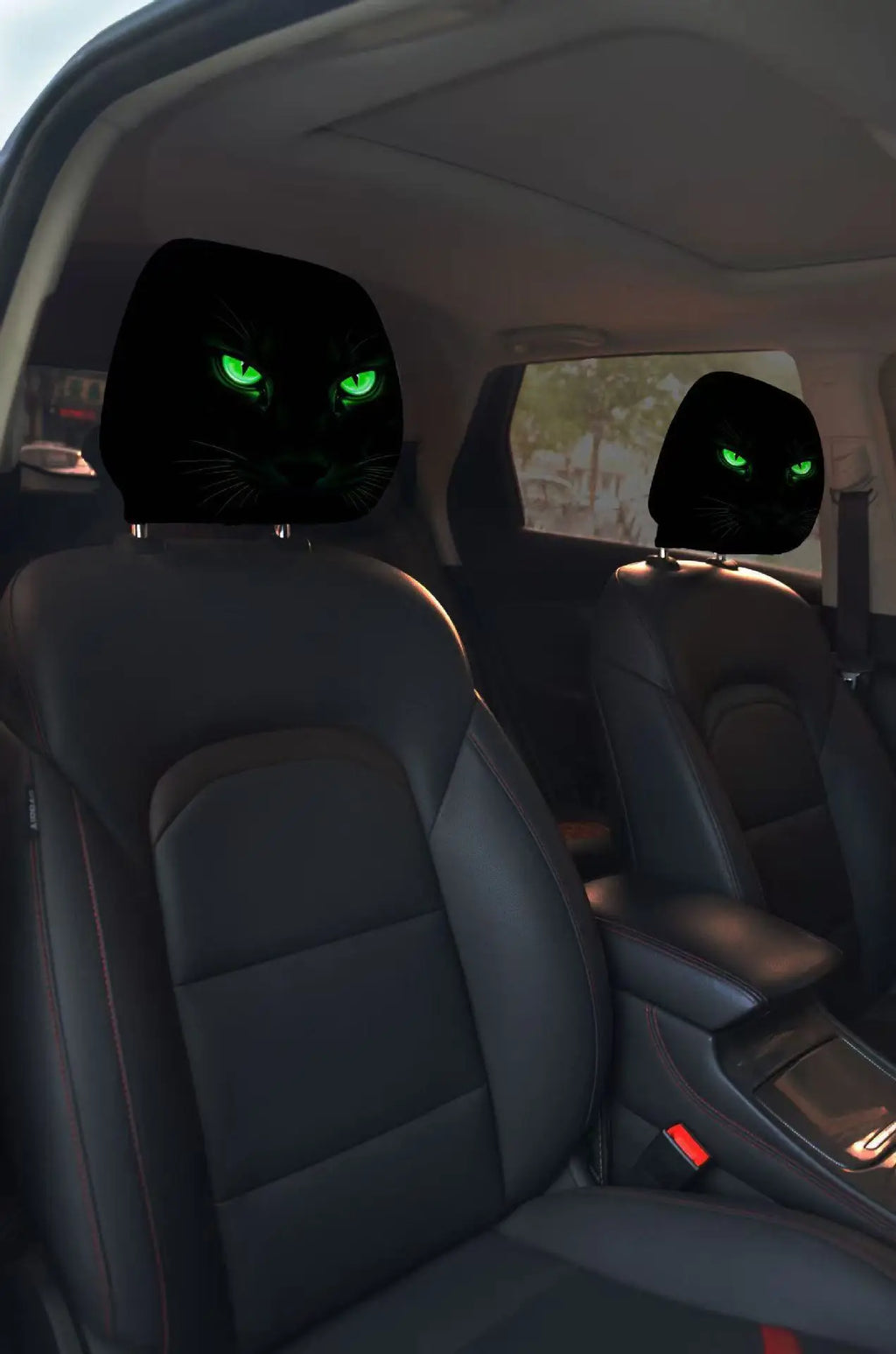 2pcs Horror-Themed Car Headrest Covers Black White Face Design Unfilled Interior