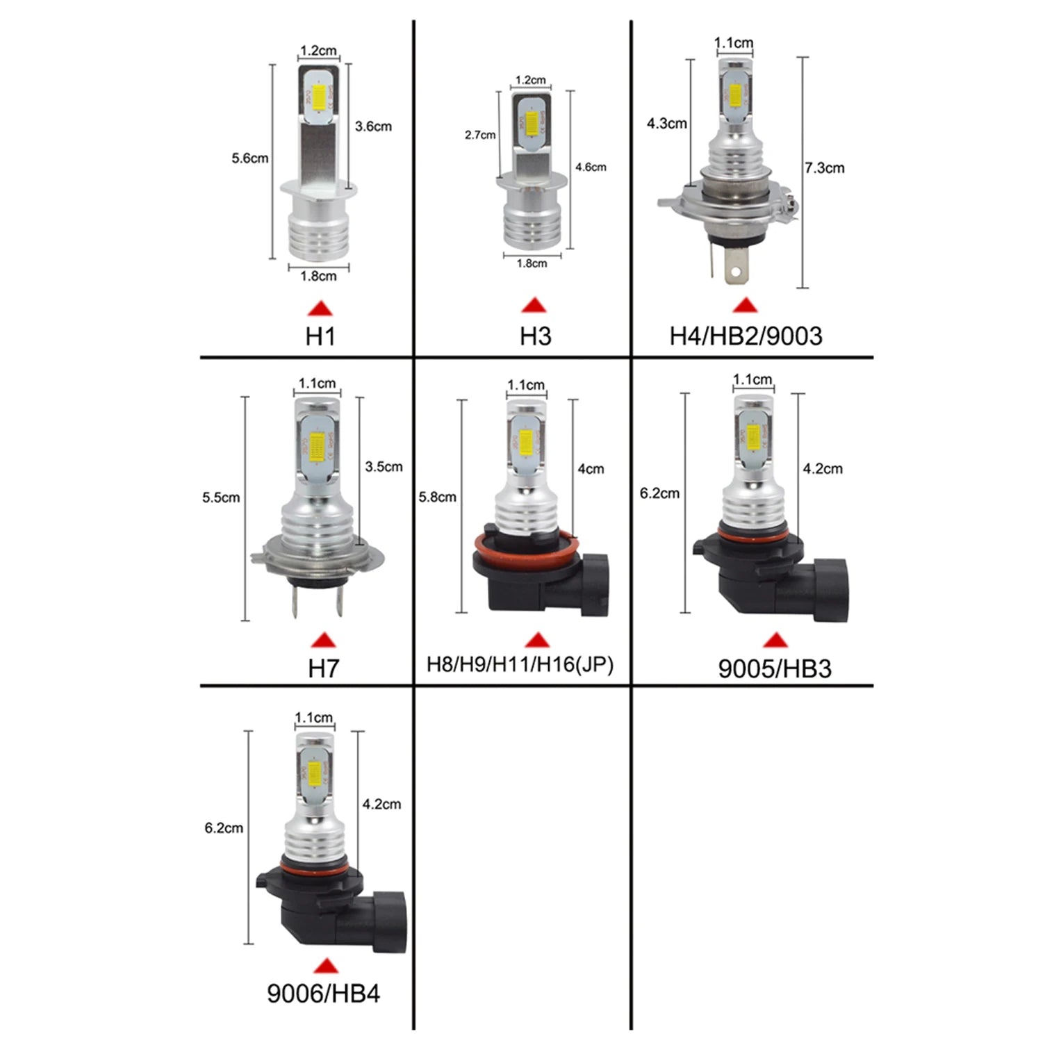 2Pcs H7 H1 H8 H9 H11 9005 9006 LED Bulbs HB3 HB4 CSP LED Super Bright Headlight DRL Lamp 6000K White 3000K Yellow 12000K Blue