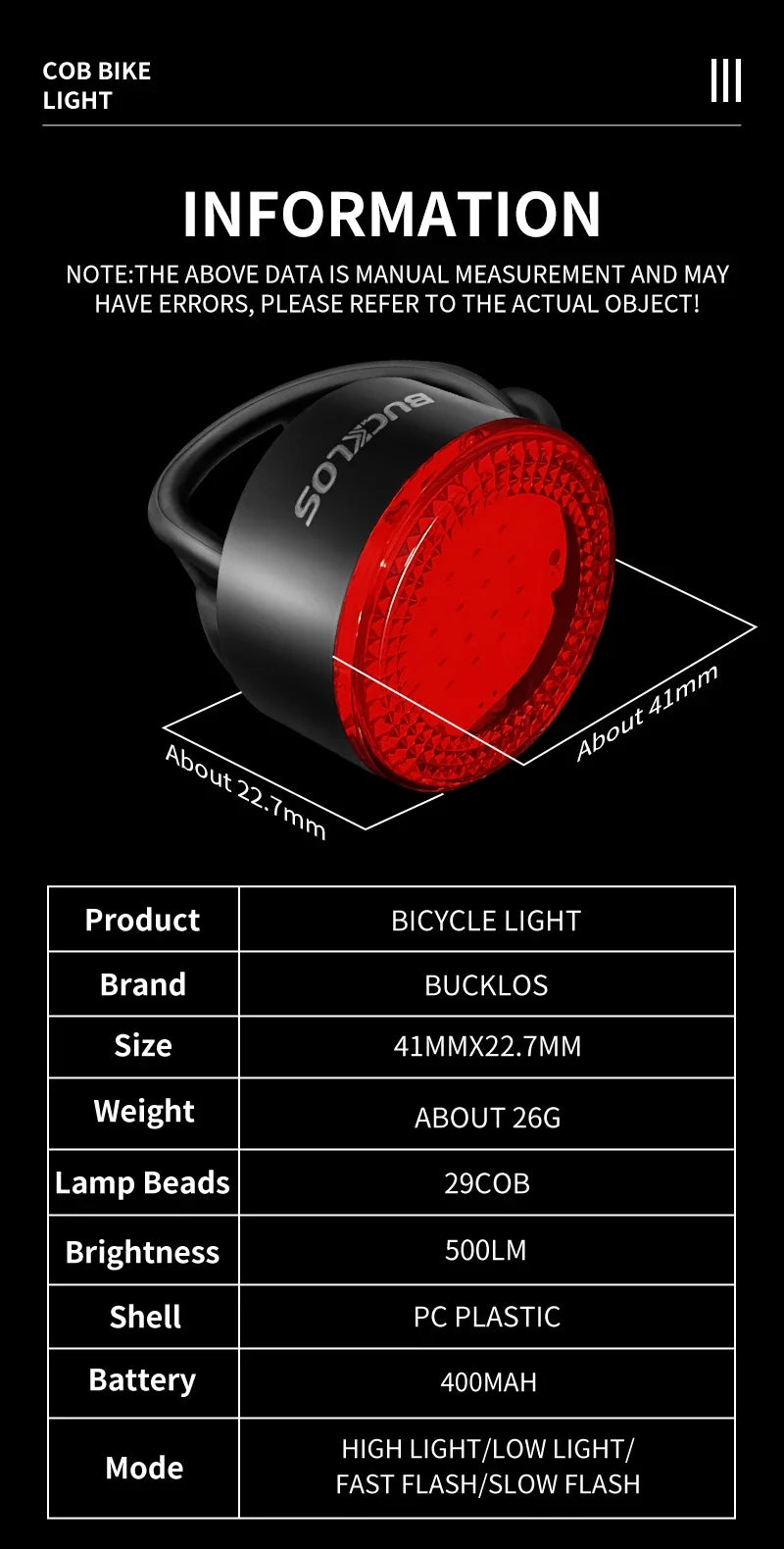 BUCKLOS Cycling Lights COB Bicycle Headlight Taillight LED Bike Front Rear Light Ultralight Riding Warning Lamp Road MTB Lantern