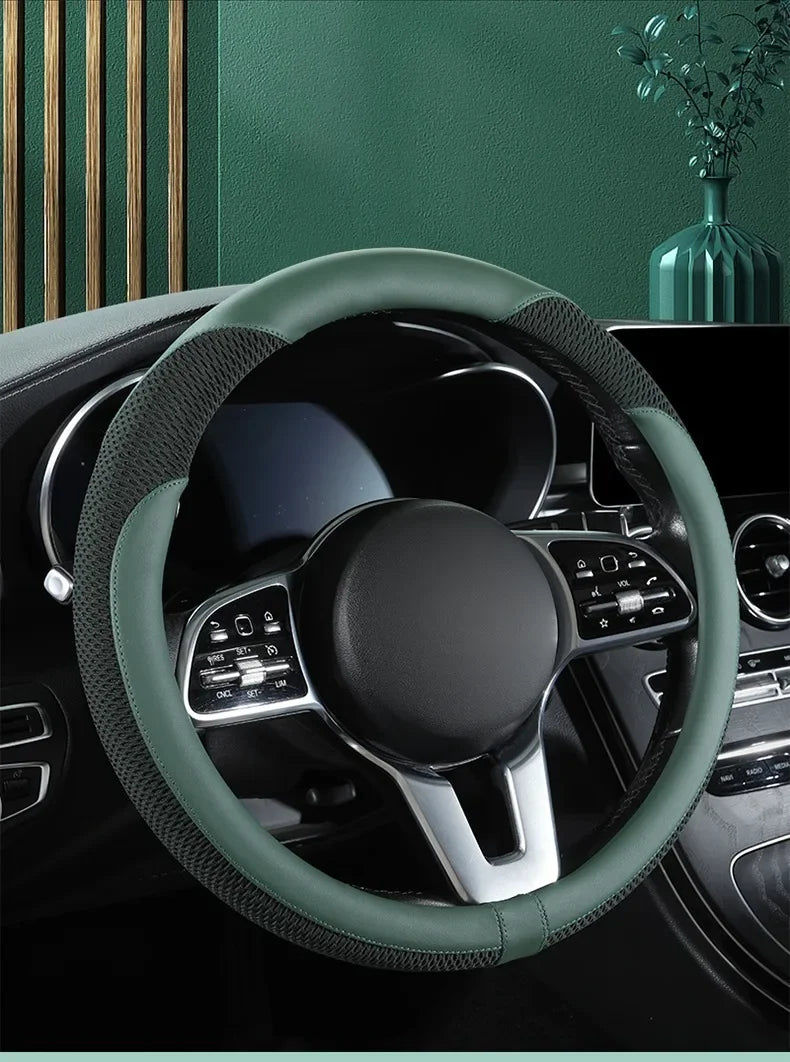 Car Steering Wheel Cover Premium Leather Stitched with Breathable Mesh Fabric