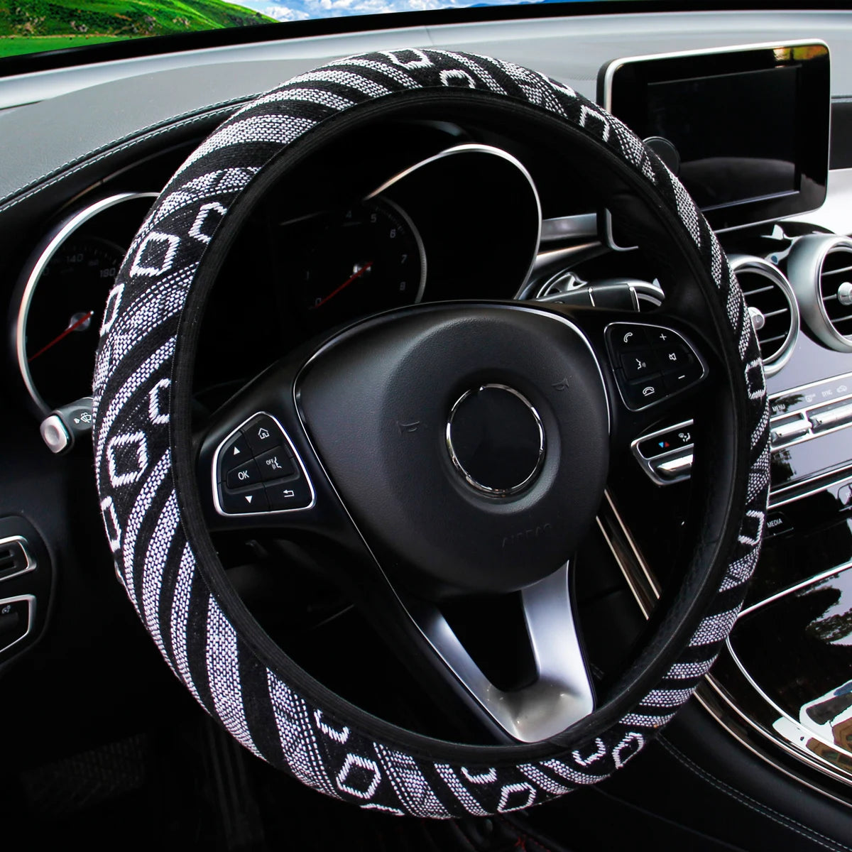 Steering Wheel Cover Breathable Cotton-Like Fabric Rimless Car Decoration