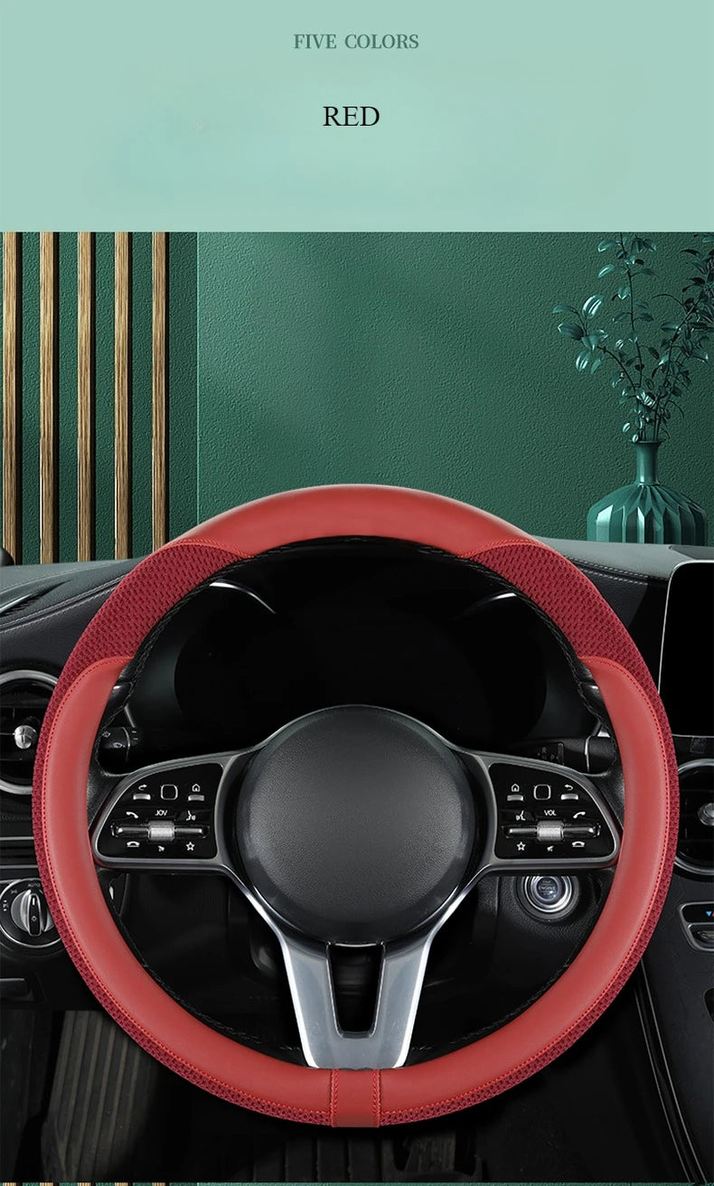 Car Steering Wheel Cover Premium Leather Stitched with Breathable Mesh Fabric